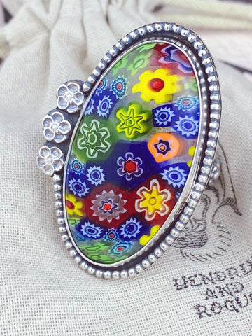 Millefiori Glass Sterling Silver Ring Size S