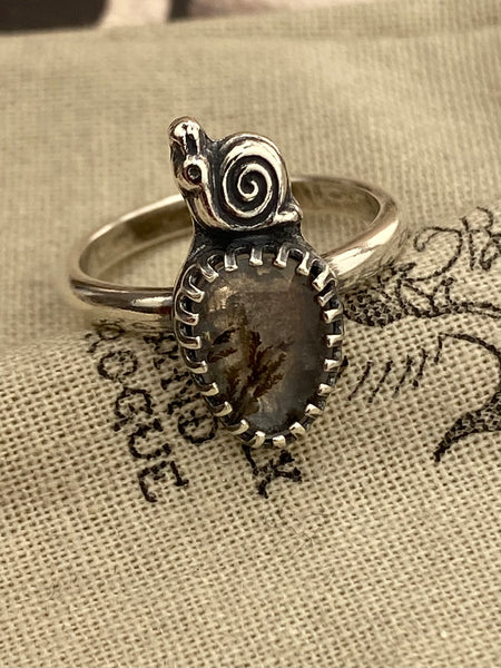 Sterling Silver Scenic Agate Snail Ring - UK L