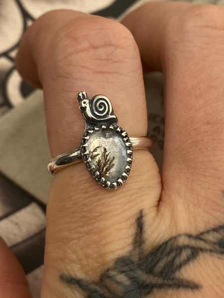 Sterling Silver Scenic Agate Snail Ring - UK L