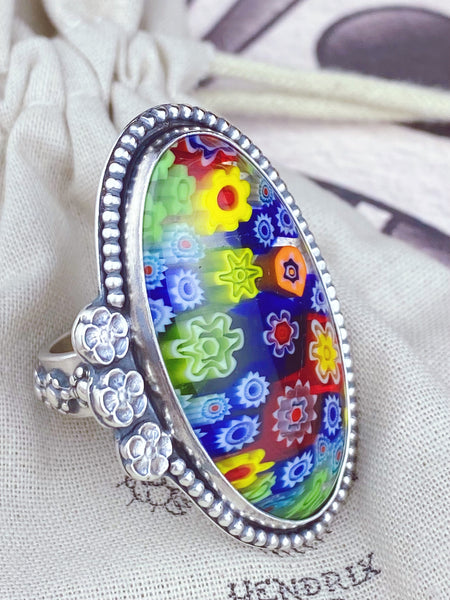 Millefiori Glass Sterling Silver Ring Size S